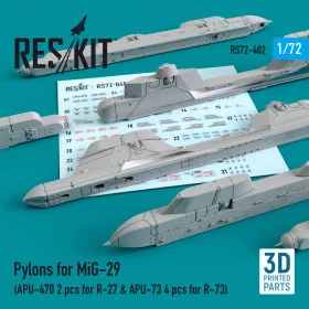   Reskit - Pylons for MiG-29 (APU-470 2 pcs for R-27   APU-73 4 pcs for R-73) (1/72)