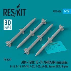   Reskit - AIM-120C (C-7) AMRAAM missiles (4 pcs) (F-16, F-15, F/A-18, F-22, F-35, AV-8b, Harrier GR.9, Gripen) (3D Printed)