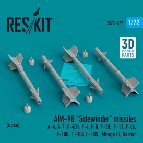   Reskit - AIM-9B Sidewinder missiles (4 pcs) (A-4, A-7, F-4D1, F-4, F-8, F-3H, F-11, F-86,F-100, F-104, F-105, Mirage III, Harrier) (3D Printed)