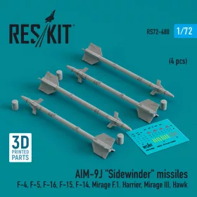   Reskit - AIM-9J Sidewinder missiles (4 pcs) (F-4, F-5, F-16, F-15, F-14, Mirage F.1, Harrier, Mirage III, Hawk) (3D Printed)