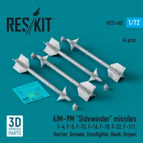   Reskit - AIM-9M Sidewinder missiles (4 pcs) (F-4 F-5 F-15 F-16 F-18 F-22 F-111 Harrier Tornado Eurofighter Hawk Gripen) (3D Printed)