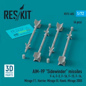   Reskit - AIM-9P Sidewinder missiles (4 pcs) (F-4 F-5 F-16 F-15 F-14 Mirage F.1 Harrier Mirage III Hawk Mirage 2000) (3D Printed)