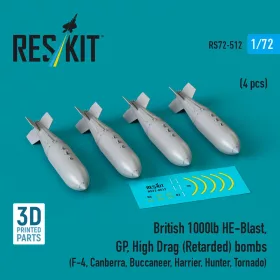   Reskit - British 1000lb HE-Blast, GP, High Drag (Retarded) bombs (4 pcs) (F-4, Canberra, Buccaneer, Harrier, Hunter, Tornado) (3D printed)