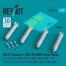   Reskit - Mk 20 Rockeye II (CBU-59 APAM) Cluster bombs (A-4, A-6, A-7, AV-8B, A-10, F-100, F-104, F-105, F-111, F-4, F-5, F-15E, F-14, F-16, F/A-18A-D, B-52, P-3C, S-3B) (4 pcs) (3D Printed)