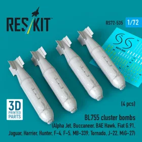   Reskit - BL755 cluster bombs (4 pcs) (Alpha Jet Buccaneer BAE Hawk Fiat G.91 Jaguar Harrier Hunter F-4 F-5 MB-339 Tornado J-22 MiG-27) (3D Printed)