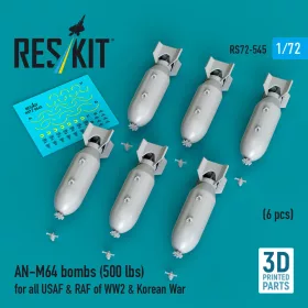   Reskit - AN-M64 bombs (500 lbs) for all USAF & RAF of WW2 & Korean War (6 pcs) (3D Printed)