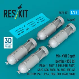   Reskit - Mk-XVII Depth bombs (350 lb) (4 pcs) (PB4Y-1 PB4Y-2 PBY/PBN PB2Y SB2C SOC SO3C SC SBD JRF J4F TBF/TBM PV-1 PV-2 PBM PBJ OS2U SB2U) (3D Printed)