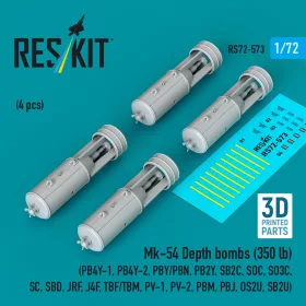   Reskit - Mk-54 Depth bombs (350 lb) (4 pcs) (PB4Y-1 PB4Y-2 PBY/PBN PB2Y SB2C SOC SO3C SC SBD JRF J4F TBF/TBM PV-1 PV-2 PBM PBJ OS2U SB2U) (3D Printed)
