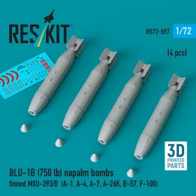   Reskit - BLU-1B (750lb) napalm bombs finned MXU-393/B (4 pcs) (A-1 A-4 A-7 A-26K B-57 F-100) (3D Printed)