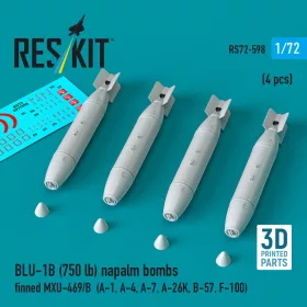   Reskit - BLU-1B (750lb) napalm bombs finned MXU-469/B (4 pcs) (A-1 A-4 A-7 A-26K B-57 F-100) (3D Printed)