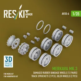   Reskit - Merkava Mk.3 damaged rubber bandage wheels (12 pairs) track sprockets (2 pcs) idler wheels (2 pcs) for Meng/HobbyBoss kit (3D Printed)