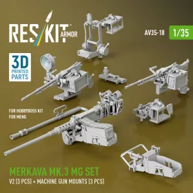   Reskit - Merkava Mk.3 MG set V2 (3 pcs) + machine gun mounts (3 pcs) for Meng/HobbyBoss kit (3D Printed) figura makett