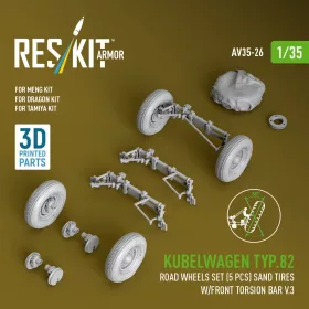   Reskit - Kubelwagen typ.82 road wheels set (5 pcs) sand tires w/front torsion bar V.3 (3D Printed) for Meng / Dragon / Tamiya