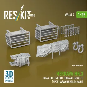   Reskit - Merkava Mk.3 rear hull metall storage baskets (2 pcs) w/workable chains for Meng kit (3D Printed) figura makett