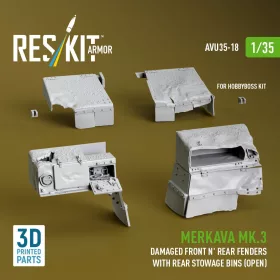   Reskit - Merkava Mk.3 Damaged Front n' Rear fenders with Rear stowage bins (open) (3D Printed) for Hobby Boss