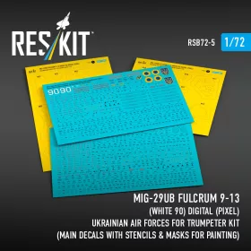   Reskit - MiG-29UB Fulcrum 9-13 (White 90) Digital (Pixel) Ukrainian Air Forces for Trumpeter kit (Main Decals with Stencils & Masks for painting)