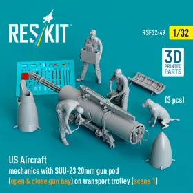   Reskit - US Aircraft mechanics with SUU-23 20mm gun pod (open & close gun bay) on transport trolley (scene 1) (3 pcs) (3D Printed) figura makett