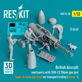   Reskit - British Aircraft mechanics with SUU-23 20mm gun pod (open & close gun bay) on on transport trolley (scene 1) (3 pcs) (3D Printed) figura makett