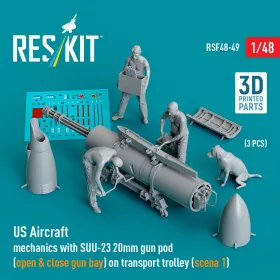   Reskit - US Aircraft mechanics with SUU-23 20mm gun pod (open & close gun bay) on transport trolley (scene 1) (3 pcs) (3D Printed) figura makett