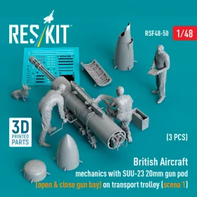   Reskit - British Aircraft mechanics with SUU-23 20mm gun pod (open & close gun bay) on on transport trolley (scene 1) (3 pcs) (3D Printed) figura makett