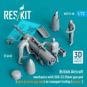   Reskit - British Aircraft mechanics with SUU-23 20mm gun pod (open & close gun bay) on transport trolley (scene 1) (3 pcs) (3D Printed) figura makett