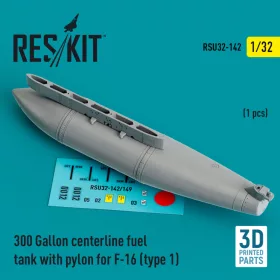   Reskit - 300 Gallon centerline fuel tank with pylon for F-16 (A/B/C/D/E/F/I) (type 1) (1 pcs) (3D Printed) (1