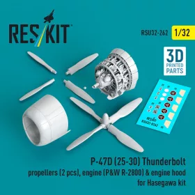   Reskit - P-47D (25-30) Thunderbolt propellers (2 pcs) engine (P&W R-2800) & engine hood (3D Printed) for Hasegawa