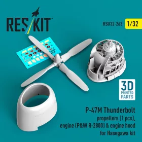   Reskit - P-47M Thunderbolt propeller (1 pcs) engine (P&W R-2800) & engine hood (3D Printed) for Hasegawa