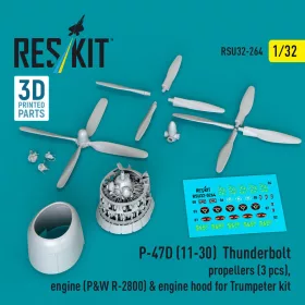  Reskit - P-47D (11-30) Thunderbolt propellers (3 pcs) engine (P&W R-2800) & engine hood (3D Printed) for Trumpeter