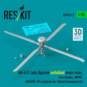   Reskit - AH-64E late Apache unfolded main rotor late blades MUMT AN/APG-78 Longbow for Takom/Snowman kit (3D Printed)