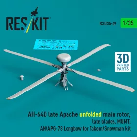   Reskit - AH-64D late Apache unfolded main rotor late blades MUMT AN/APG-78 Longbow for Takom/Snowman kit (3D Printed)