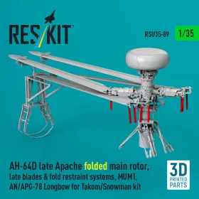   Reskit - AH-64D late Apache folded main rotor late blades & fold restraint systems MUMT AN/APG-78 Longbow for Takom/Snowman kit (3D Printed)