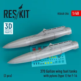   Reskit - 370 Gallon wing fuel tanks with pylons (type 1) for F-16 (A/B/C/D/E/F/I) (2 pcs) (3D Printed)