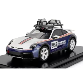   Spark - PORSCHE 911 992 N 953 RALLY DAKAR ROUGHROADS WITH PACK ROOF ACCESSORIES 2023 WITH SHOWCASE WHITE BLUE